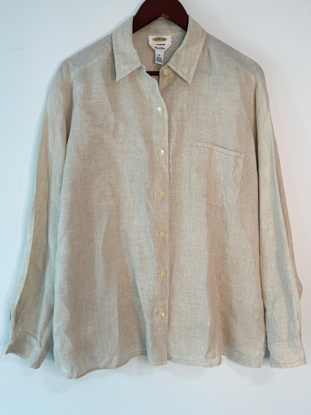 Vintage 90s Talbots Irish Linen Tan Button Front Shirt Size 16 Minimal Cottage‎